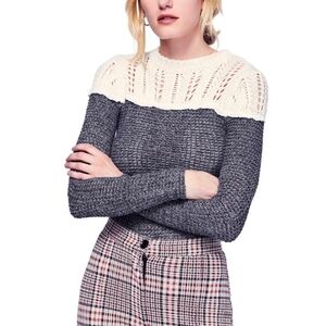 Free People Grey & White Crochet Lace Neck Knit Sweater